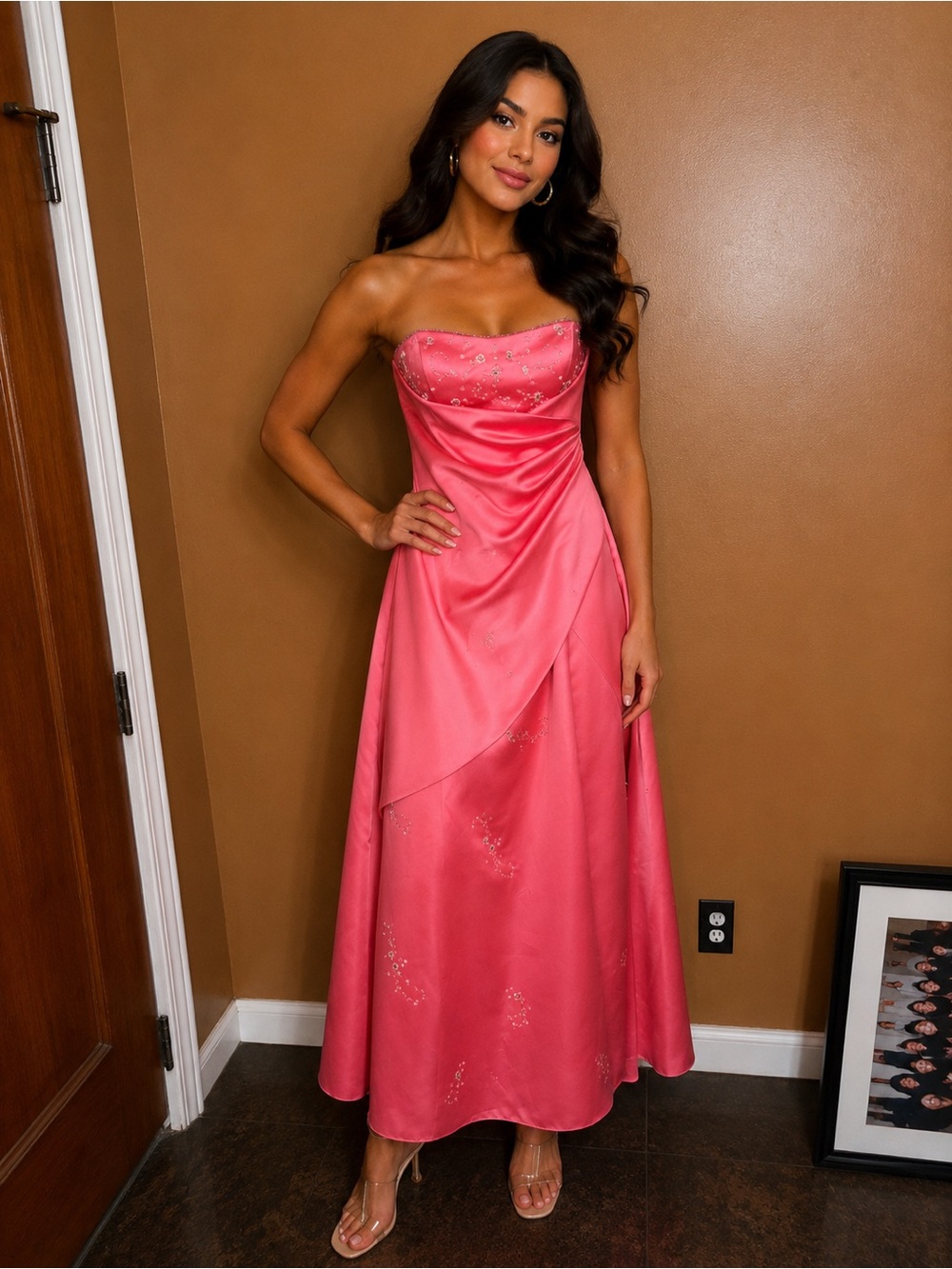 Morgan & Co. Strapless Coral Pink Satin Gown